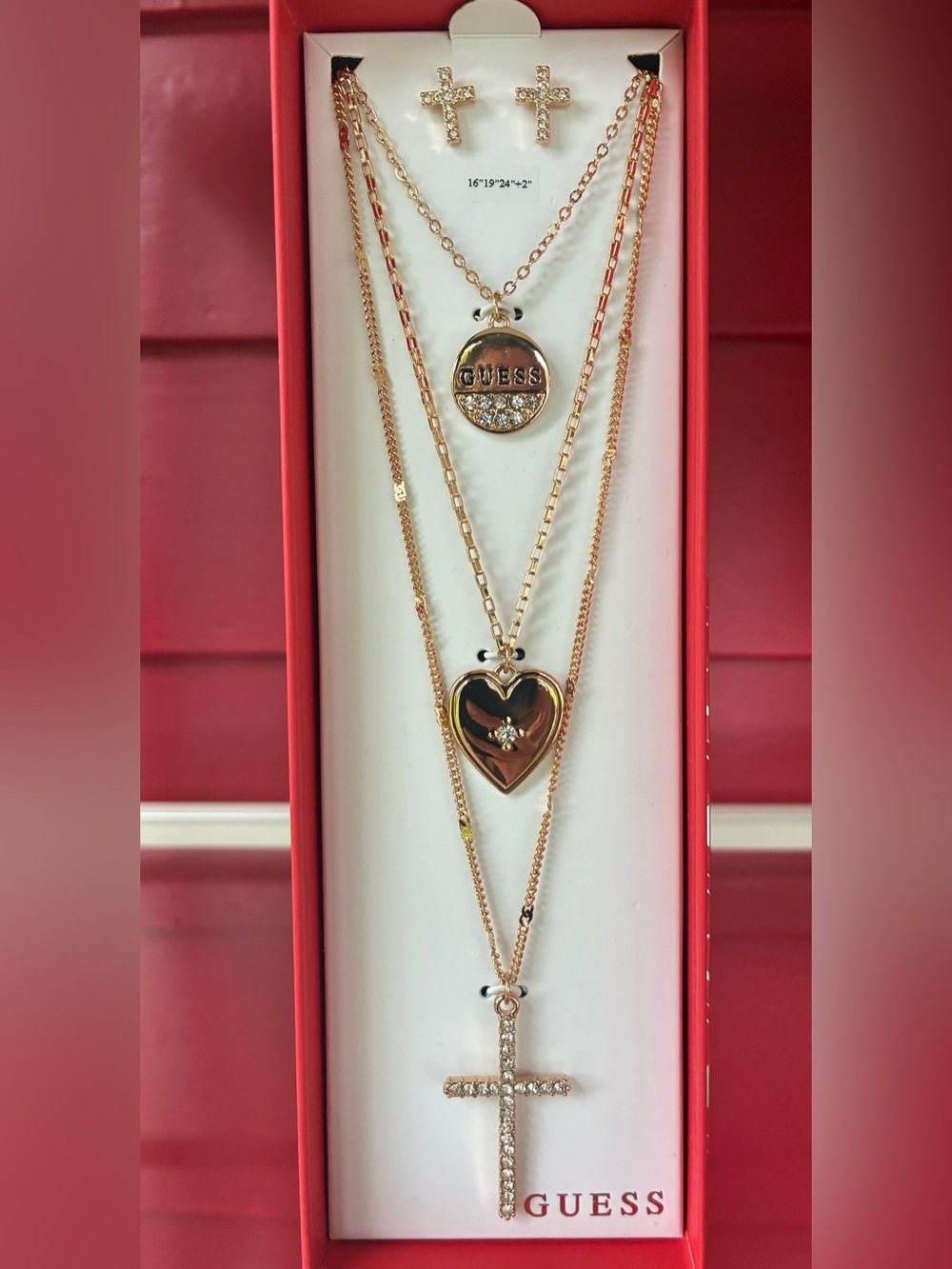 GUESS Gold-Tone Layered Heart, Cross & Crystal Charm Necklace Set